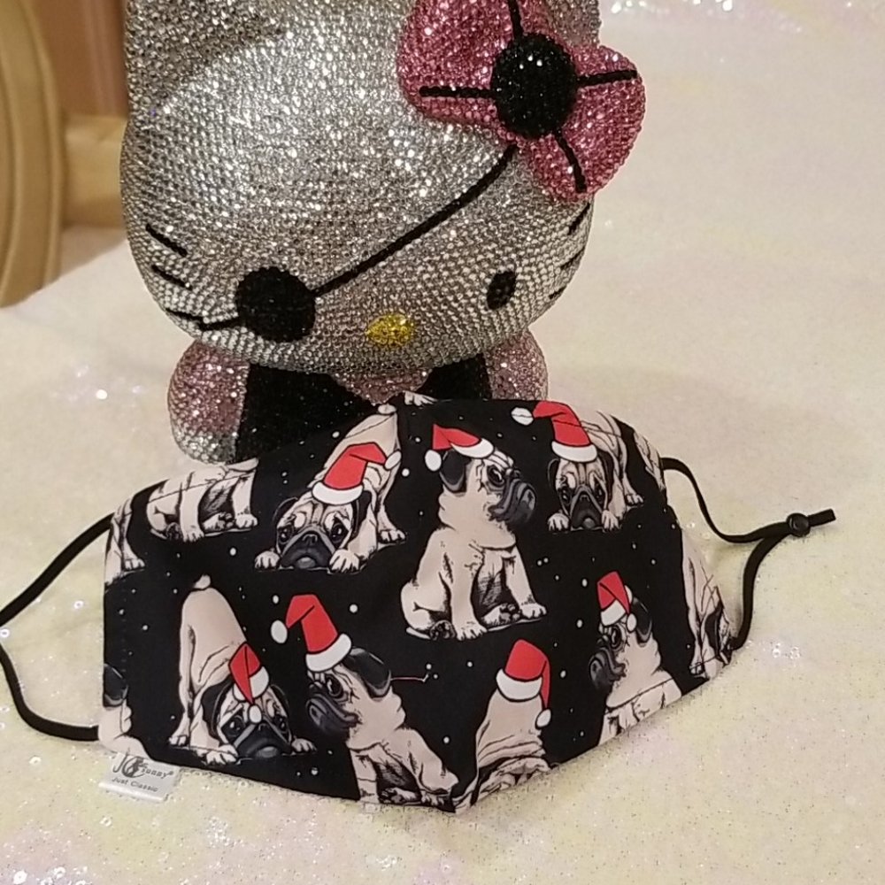 Pug Christmas Santa Hat Face Mask - Picture 1 of 8